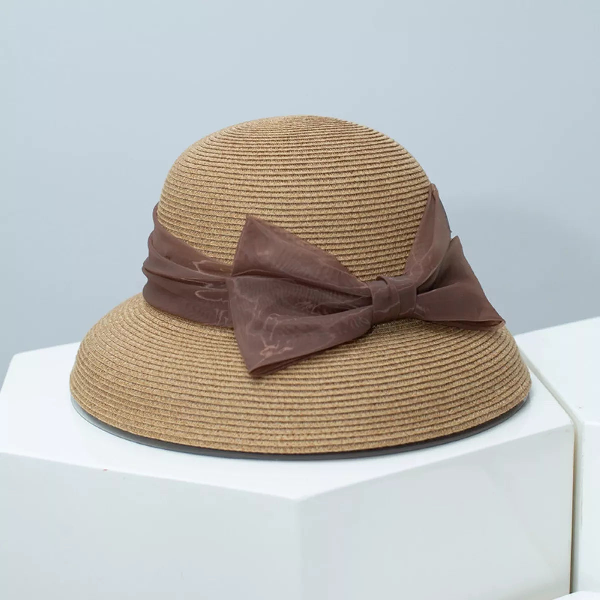 Cedar & Moore Ribbon Bow Straw Sun Hat - natural straw color with brown fabric bow