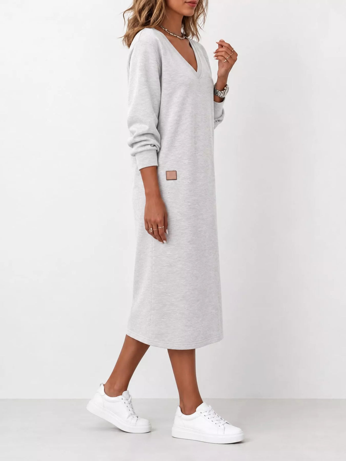 Light gray V-neck long-sleeve midi dress with square patch and cuffed sleeves