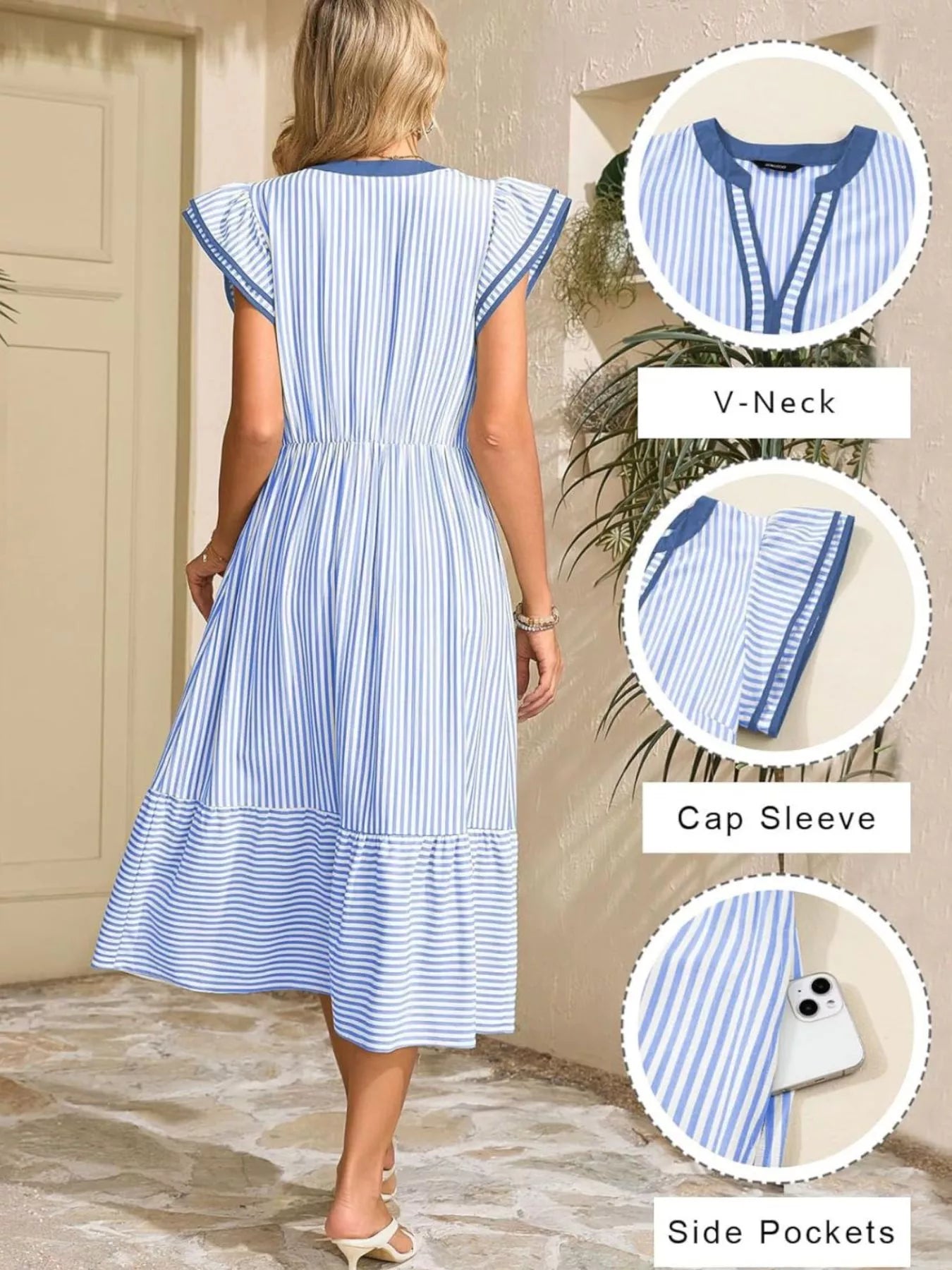 Sky blue striped midi dress back view with ruffle cap sleeves, V-neck, side pockets