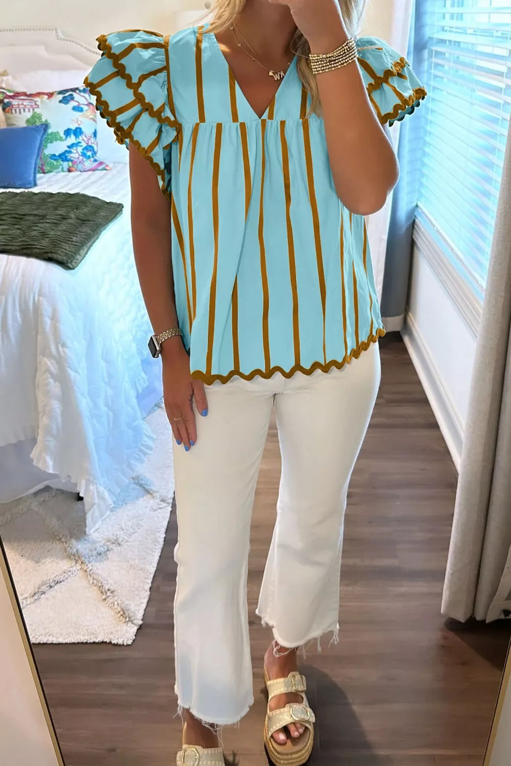 Cedar & Moore Stripe Ricrac Trim Double Ruffled Short Sleeve V-Neck Blouse in turquoise
