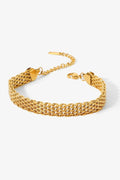 Gold-plated wide chain bracelet with woven mesh links and bar clasp