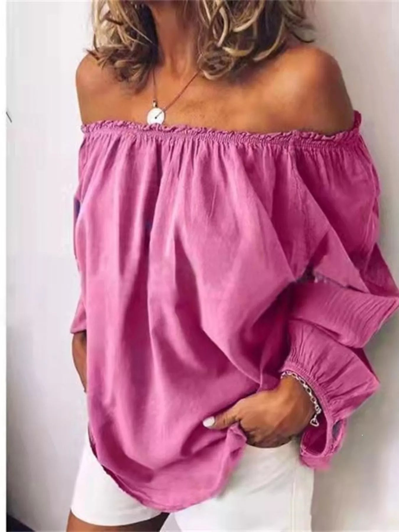 Off-shoulder frill-trim blouse in magenta, gathered elastic neckline, long puff sleeves
