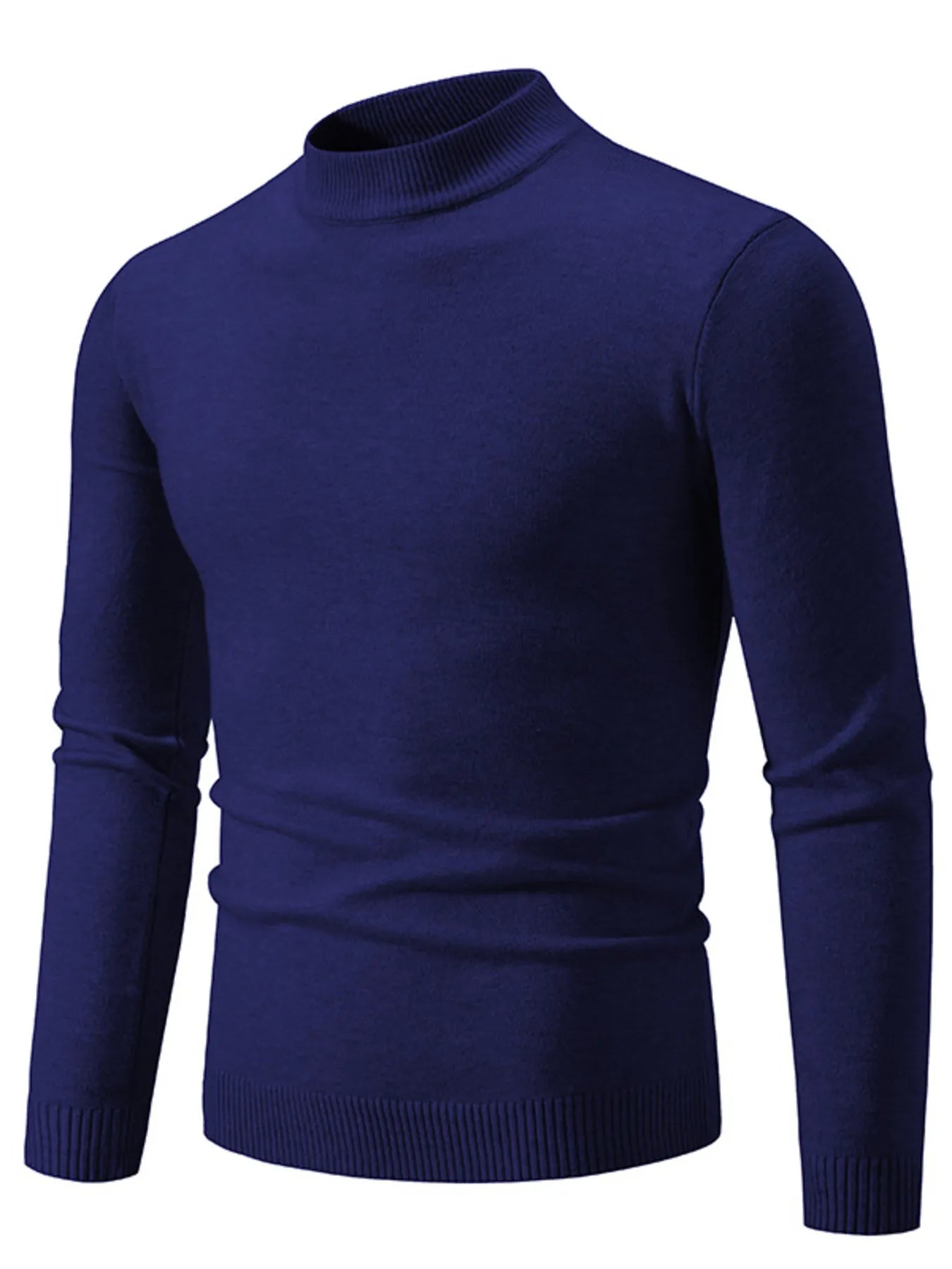 Mock-neck long-sleeve sweater with ribbed hem, navy blue