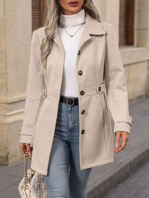 Button-up long sleeve coat in light beige with notch collar and front buttons