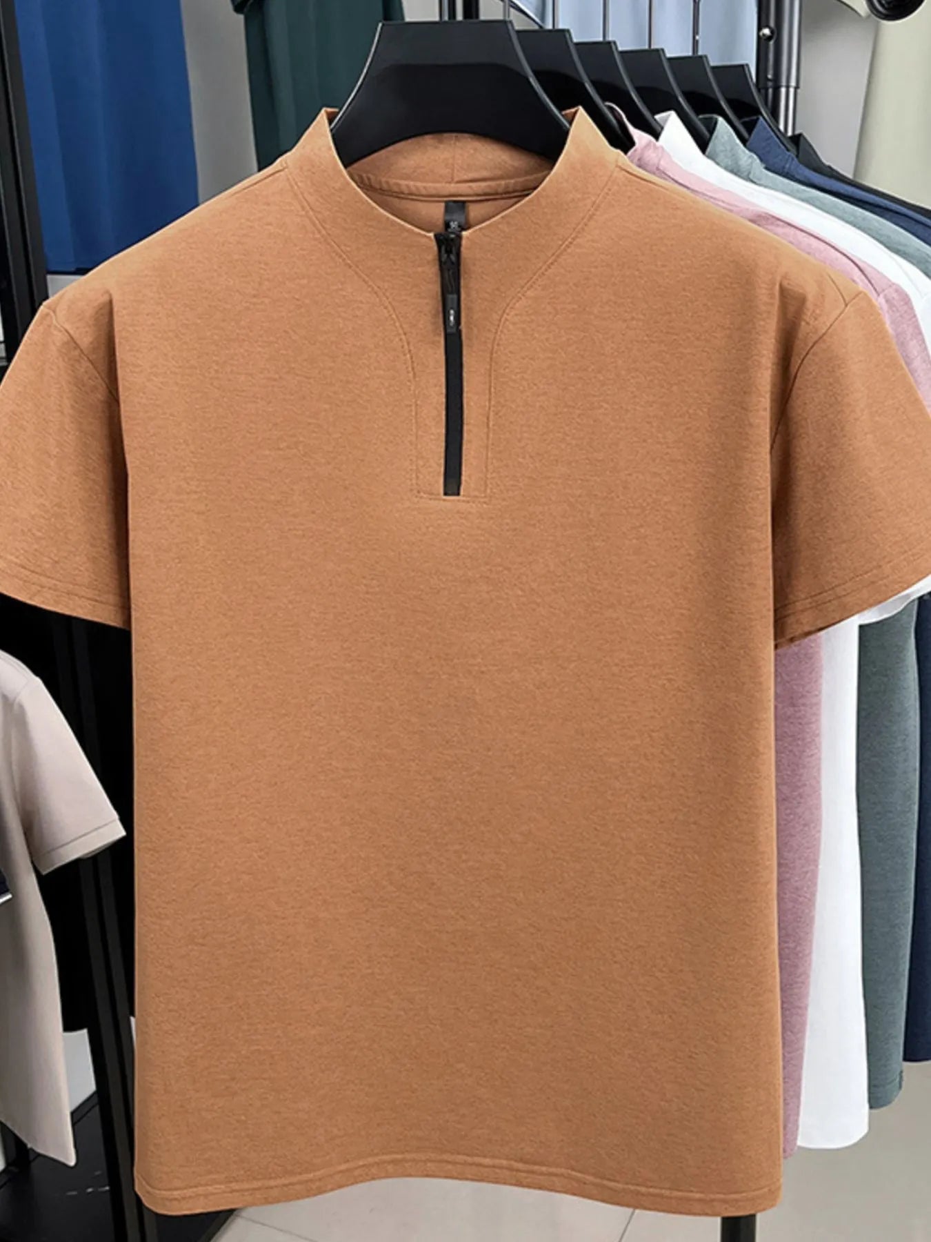 Men's quarter-zip short-sleeve top, tan, half-zip collar