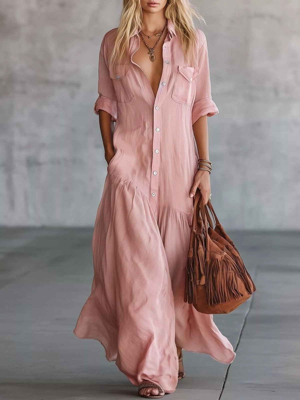 Pink maxi shirt dress with button front, short sleeves, and side pockets