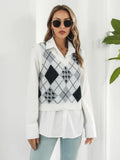 V-neck argyle plaid sweater vest in white with black diamond pattern, sleeveless knit