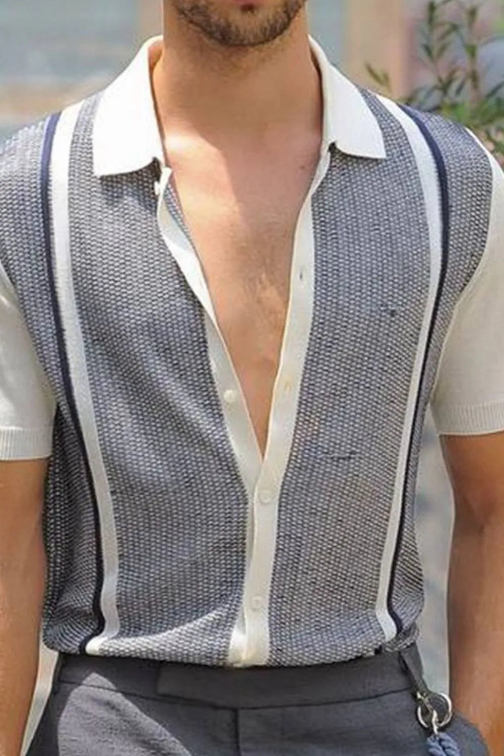 Men's plus size button-up short sleeve shirt, navy-and-white vertical stripe front