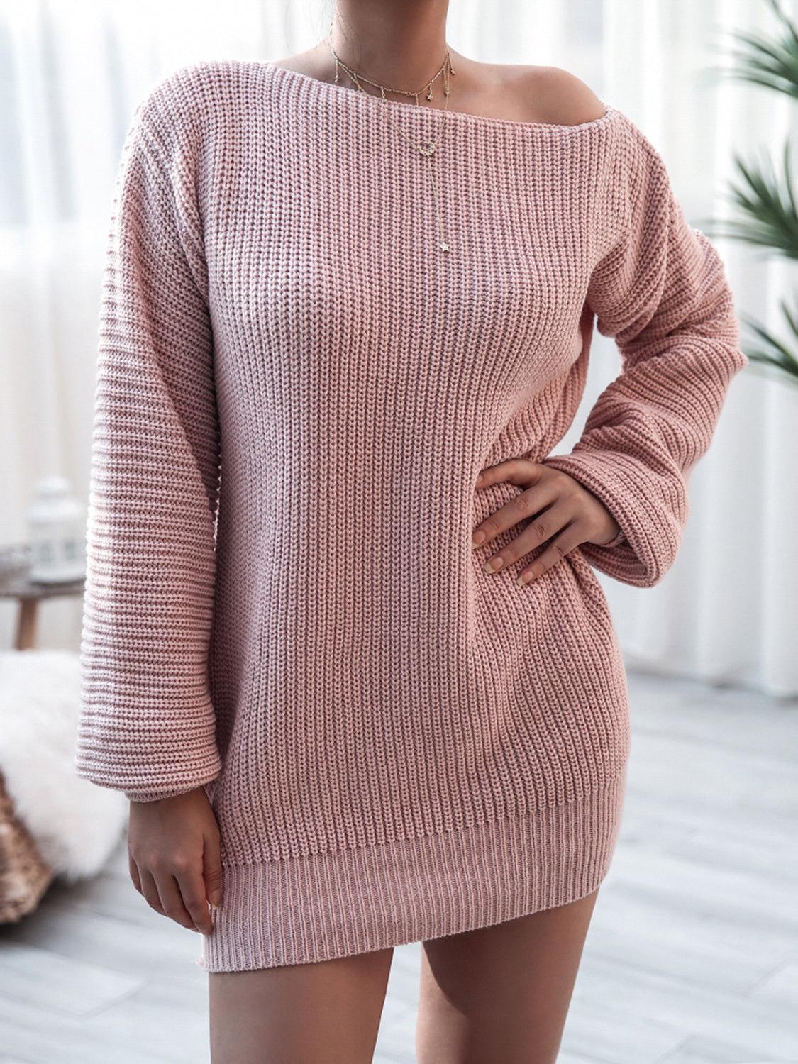 Rib-knit mini sweater dress, dusty rose pink, long sleeves, crew neckline.