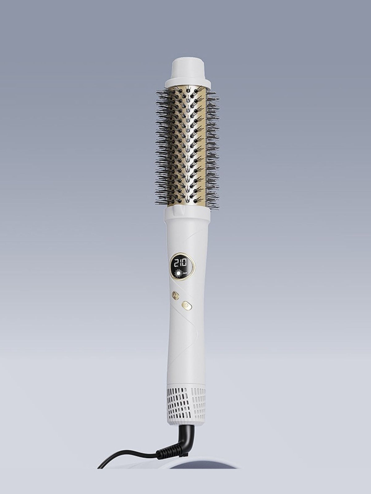 White hot air volumizing hairbrush with round bristle barrel and power dial