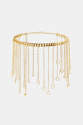 Gold chain fringe belt with wide oval links and dangling circular drop charms