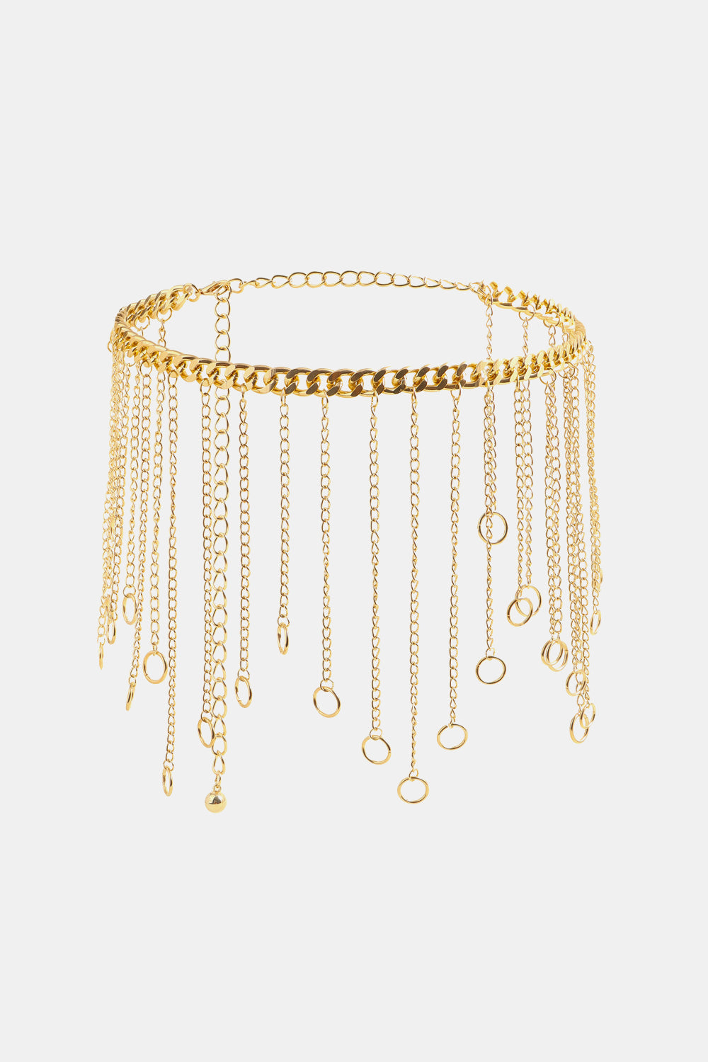 Gold chain fringe belt with wide oval links and dangling circular drop charms