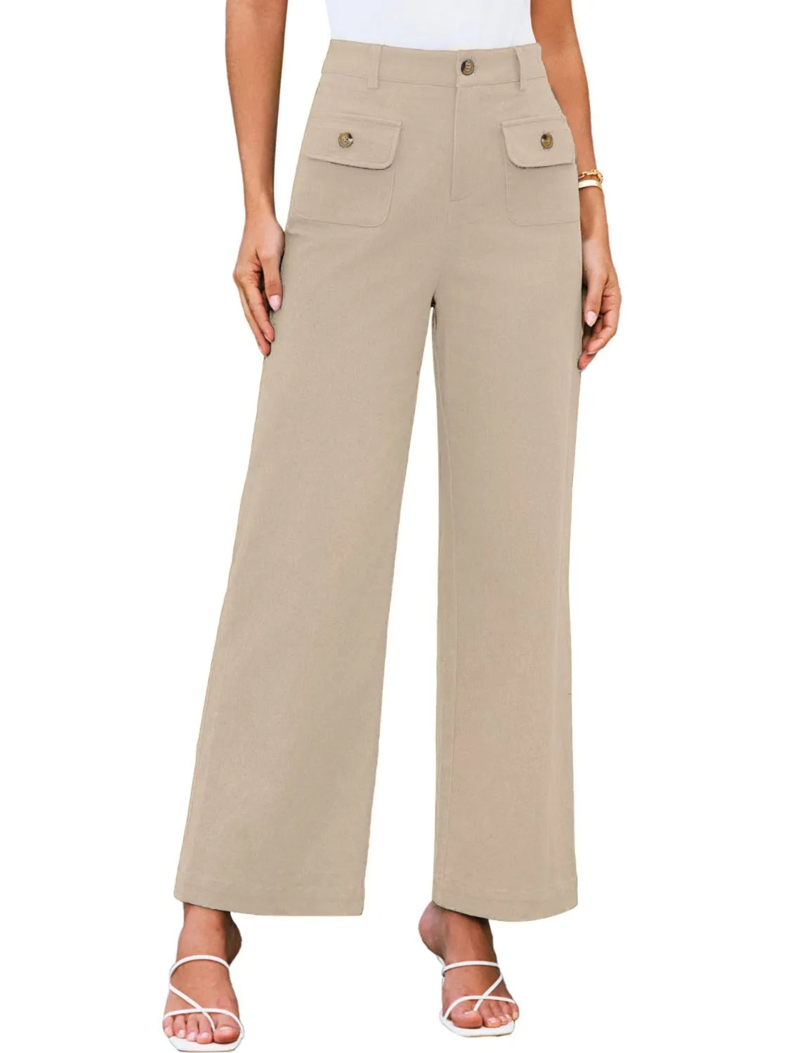Beige high-waist wide-leg pants with flap pockets and gold-toned buttons