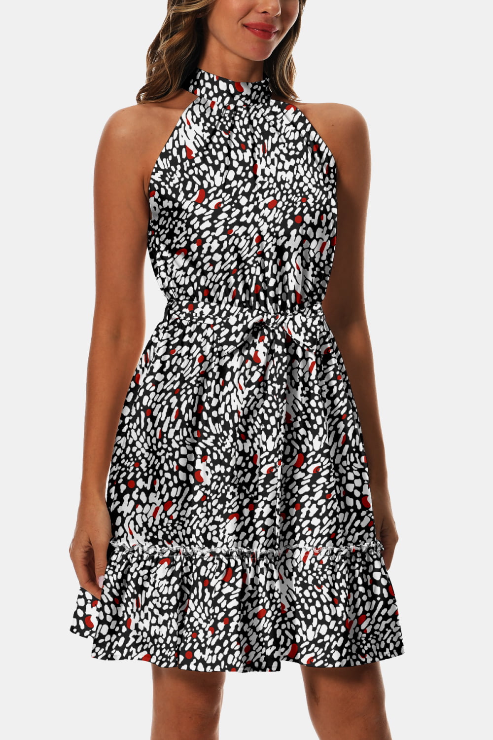 Black and white speckle printed halter tie-waist frill-trim dress, layered ruffles