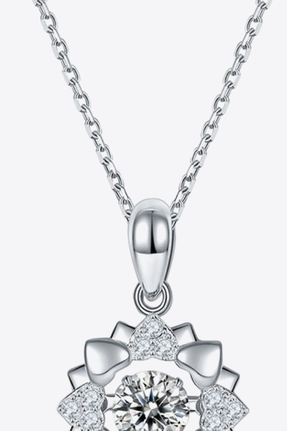 Silver flower-shaped moissanite pendant necklace with round center on chain
