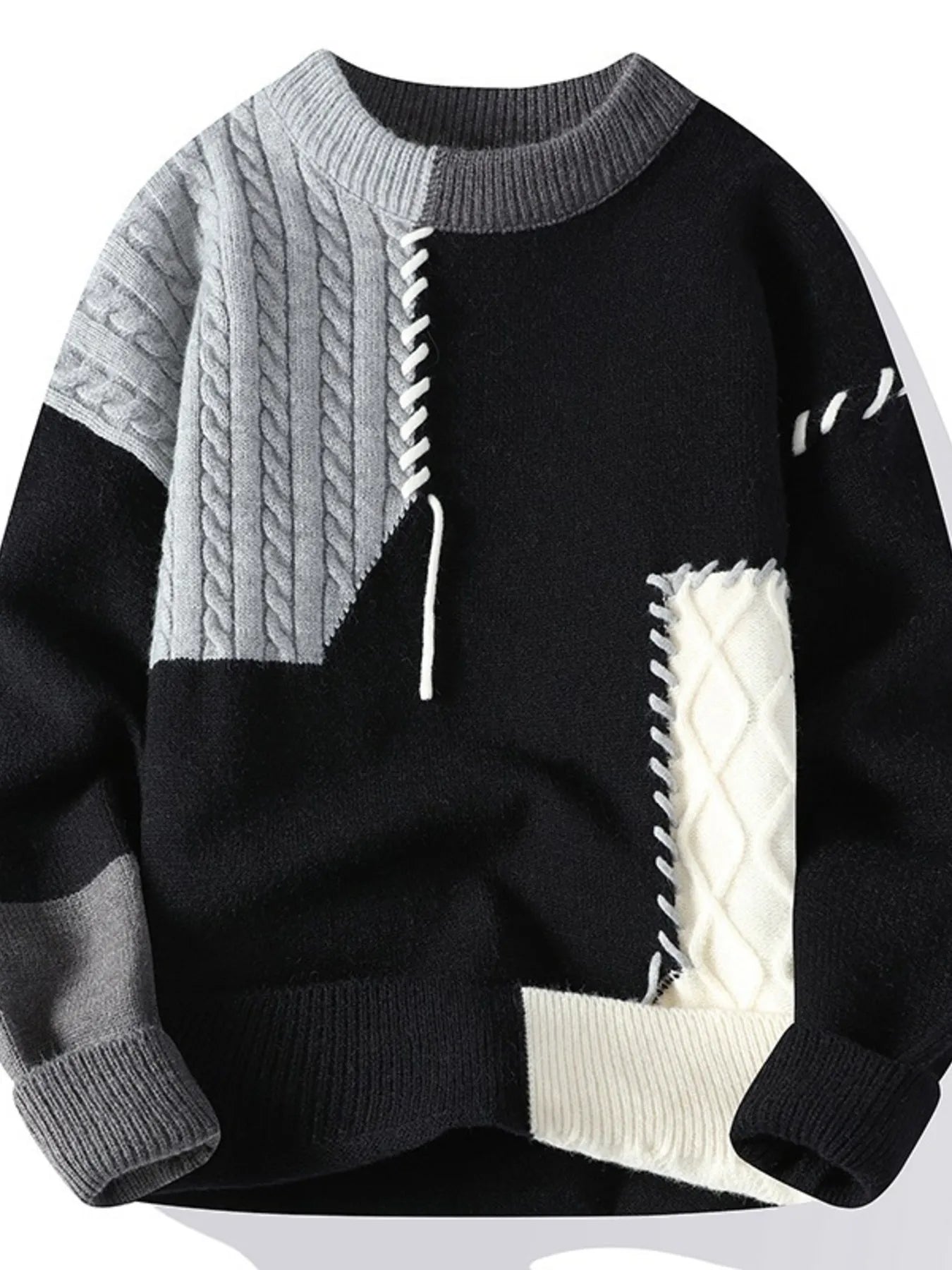 Color-block cable knit sweater, dark gray and black with white panel, ribbed neckline