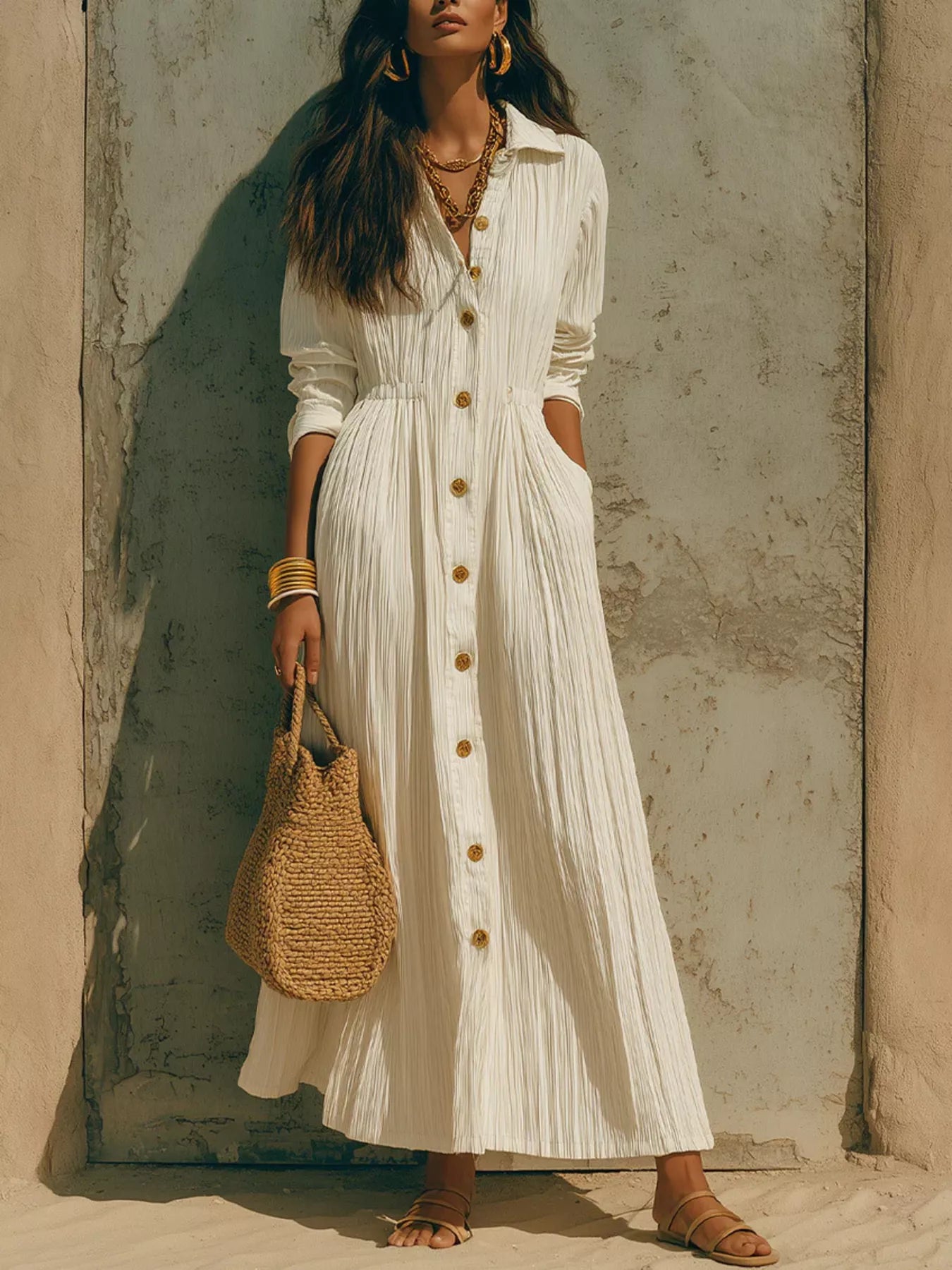 Textured button-front long-sleeve maxi dress in white, gathered waist and gold buttons