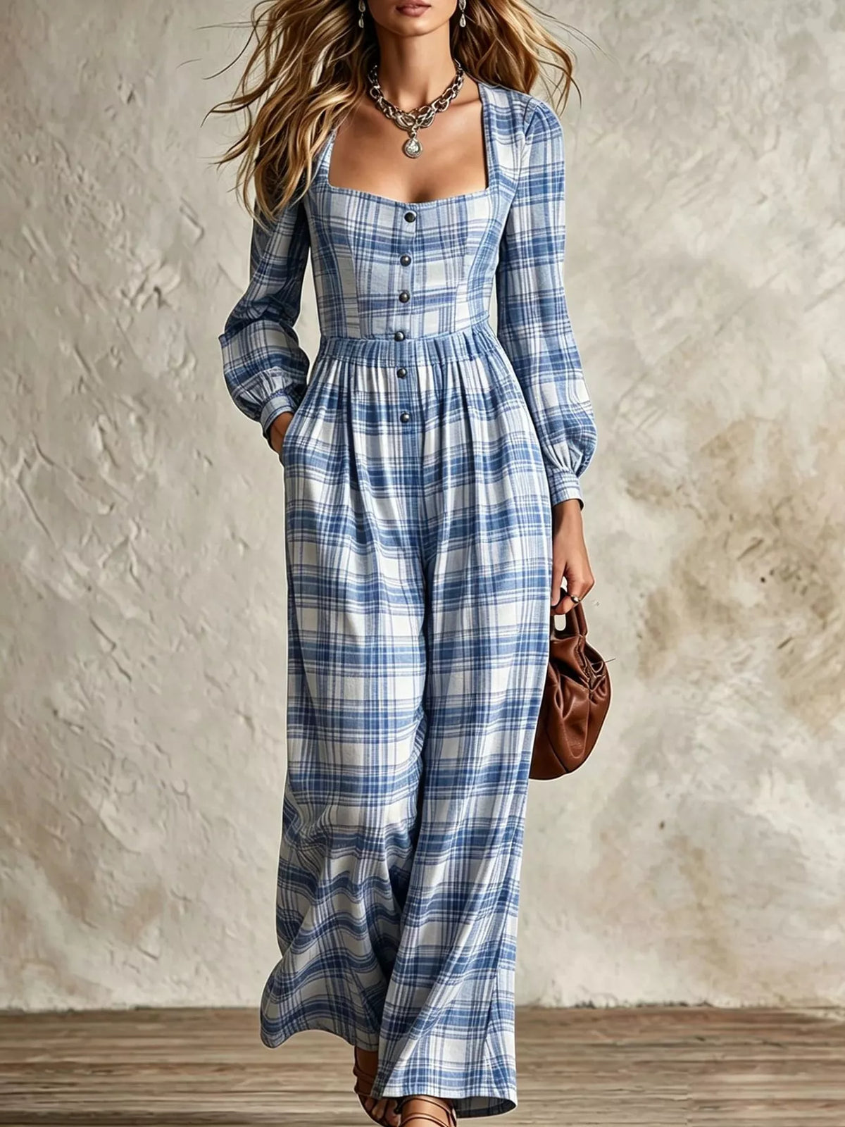 Plaid square-neck long-sleeve jumpsuit with button front and wide legs, light blue