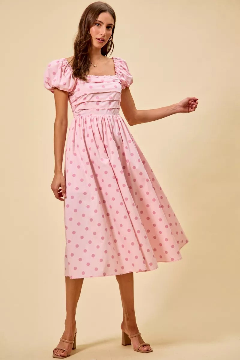 Cedar & Moore SO ME Polka Cotton Print Short Sleeves Midi Dress in pink.