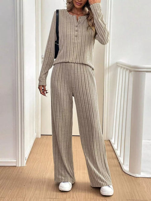 Taupe ribbed knit long-sleeve button top and wide-leg pants set, full length view.