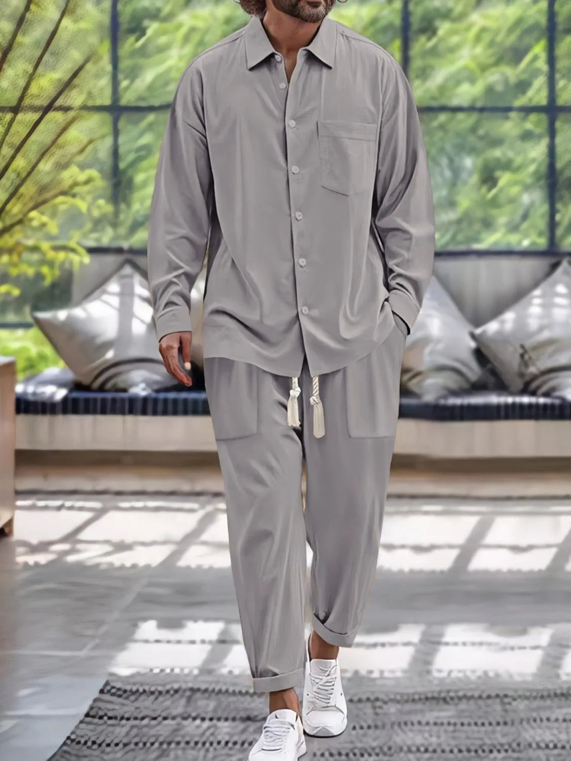 Gray button-down shirt and pants set, chest pocket, drawstring waistband
