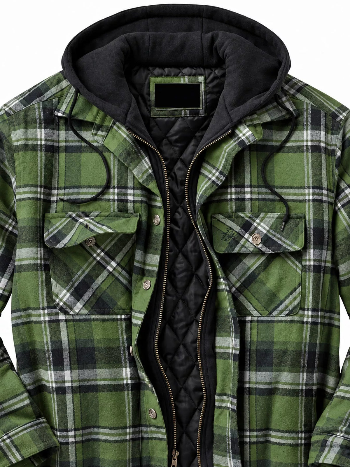 Men's green plaid hooded quilted jacket with black hood, zip front, and chest pockets