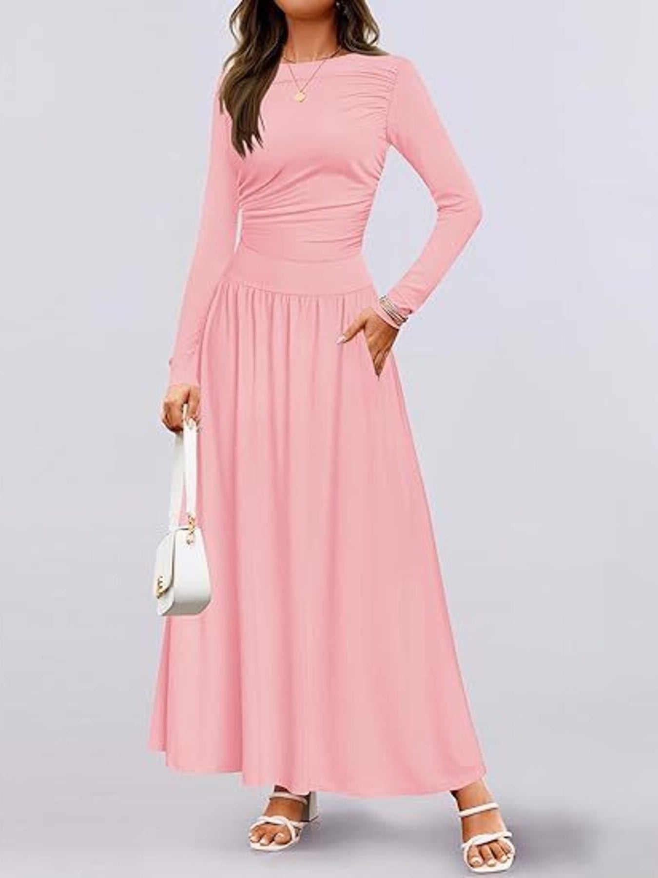 Long sleeve maxi dress in pink, ruched waist and gathered, flared skirt