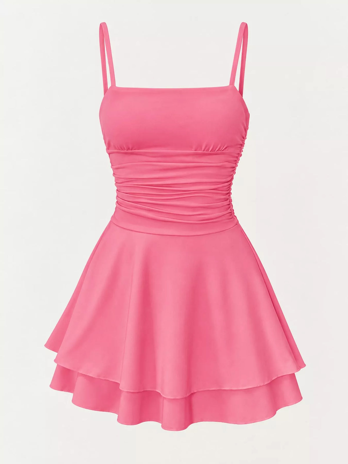 Ruched layered spaghetti strap mini dress in pink, square neckline and flared tiered skirt