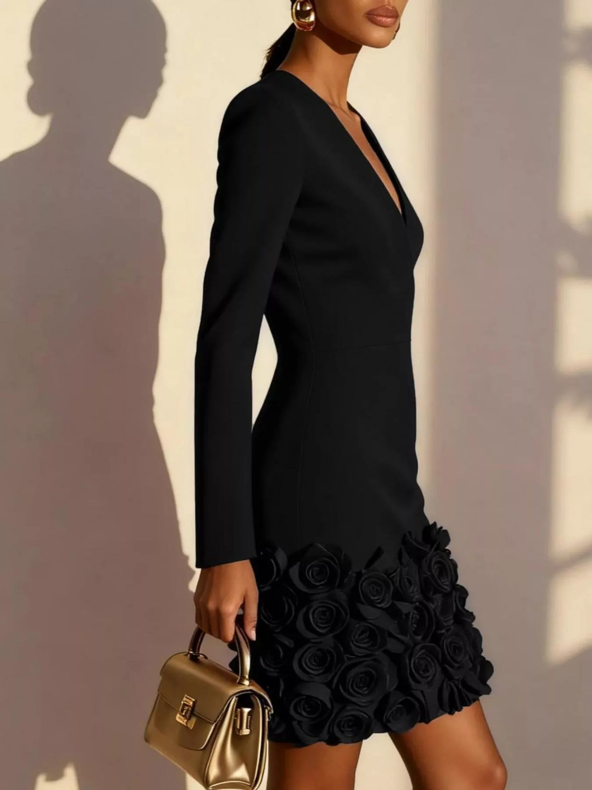 Black V-neck long sleeve mini dress with 3D rose floral hem ruffle detail.