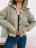 Khaki button-up long-sleeve cardigan with ribbed knit, wooden buttons, collared neck