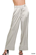 Silver satin wide-leg pants, pleated front and button waistband