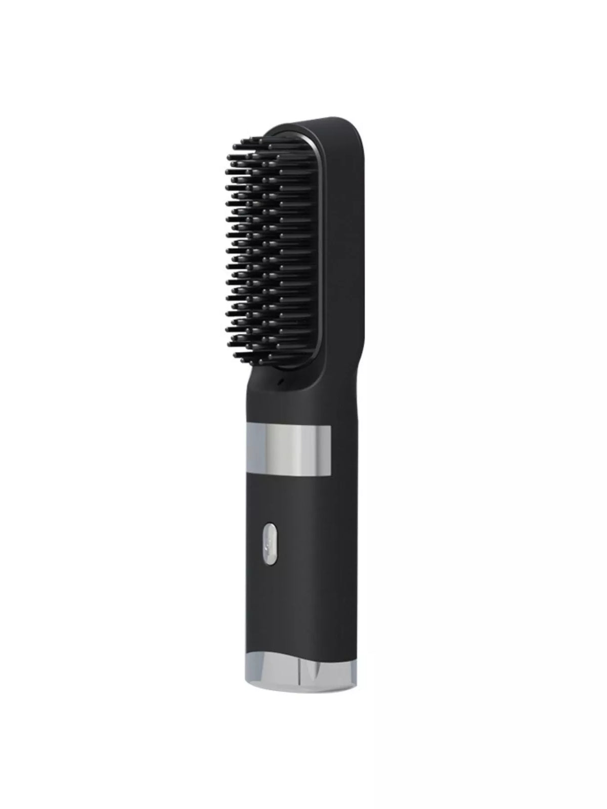 Portable heated hair straightener comb, black handle with black bristle brush