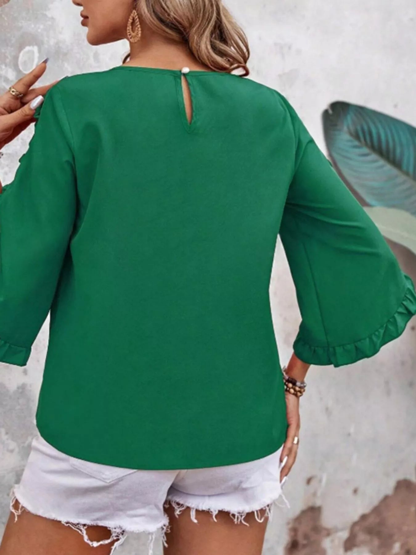 Ruffle-sleeve green blouse, solid color with back keyhole and button closure