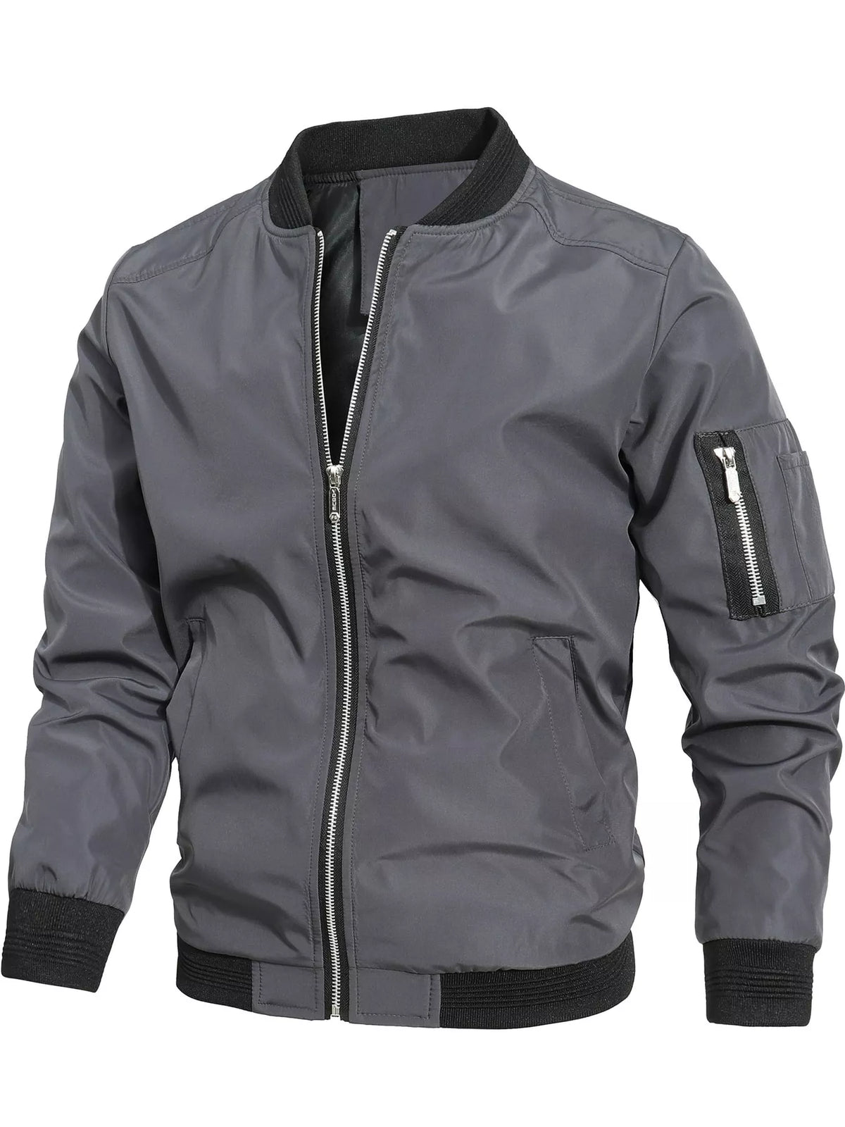 Men's lightweight bomber jacket, dark gray front with full zipper and ribbed cuffs