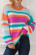 Striped round-neck drop-shoulder sweater in multicolor with long sleeves and ribbed cuffs.