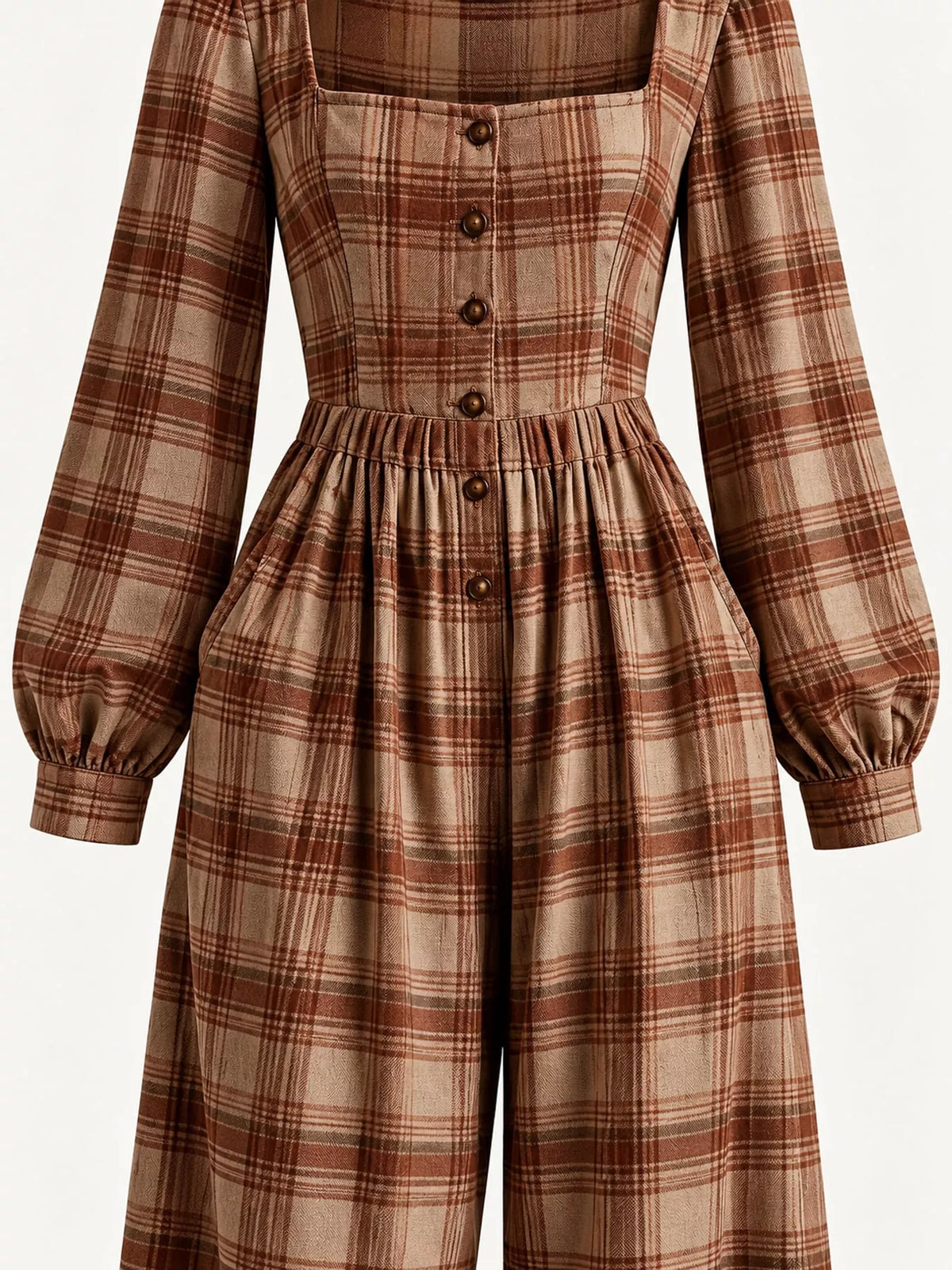 Plaid square-neck long-sleeve jumpsuit close-up: buttoned bodice and gathered waist