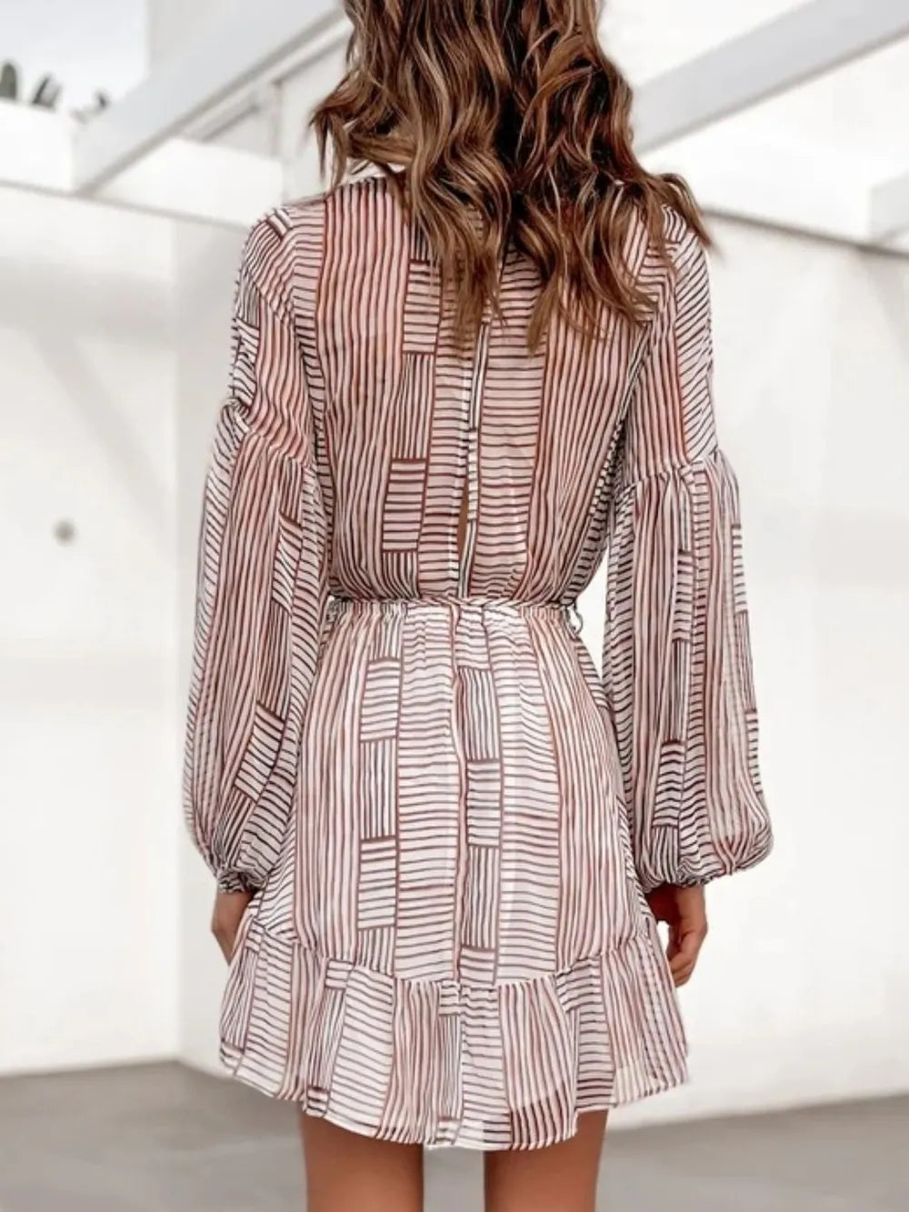 Camel-and-white striped cutout-back surplice mini dress with long puff sleeves