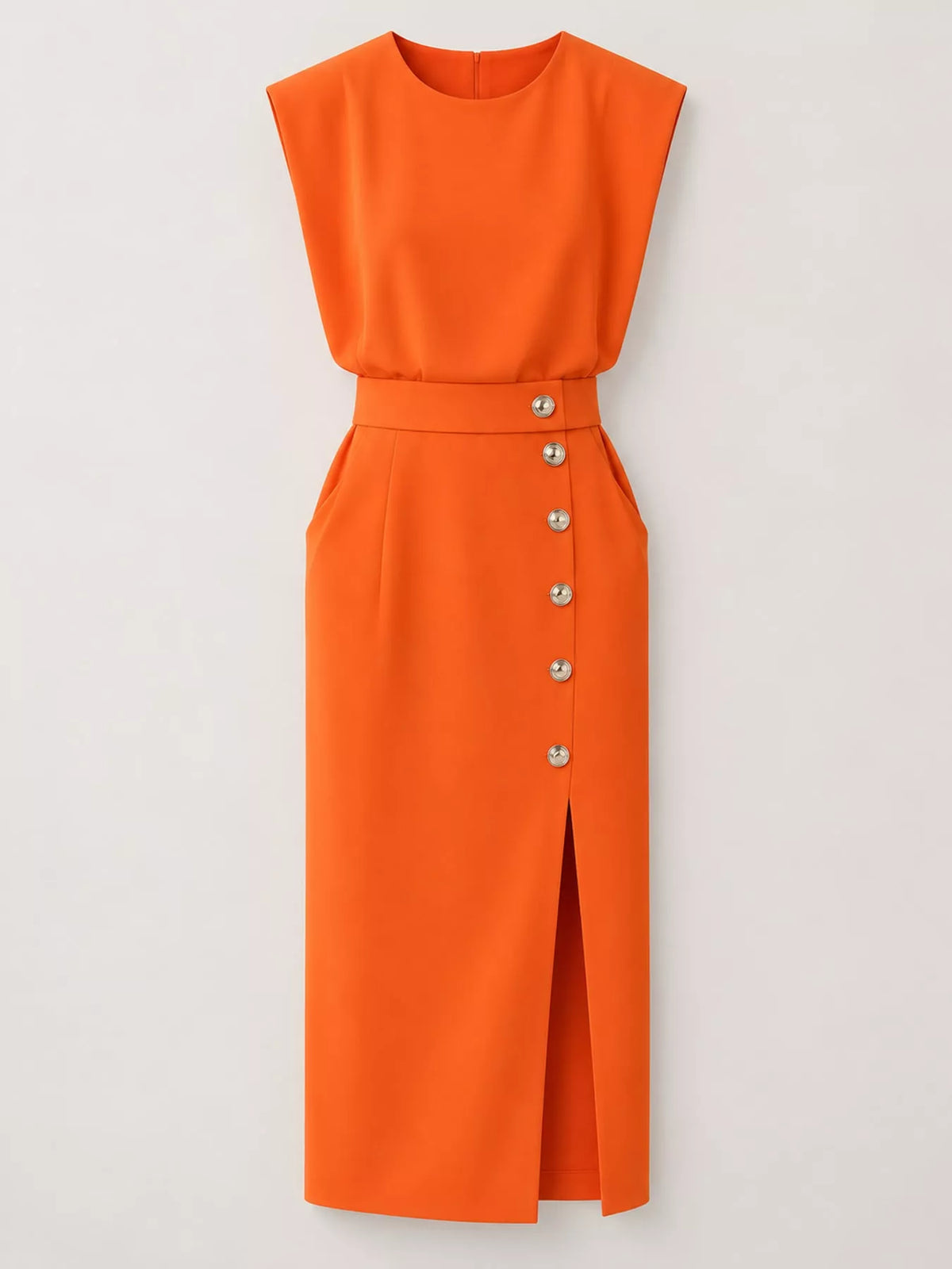 Orange sleeveless midi dress with gold button detail and front slit