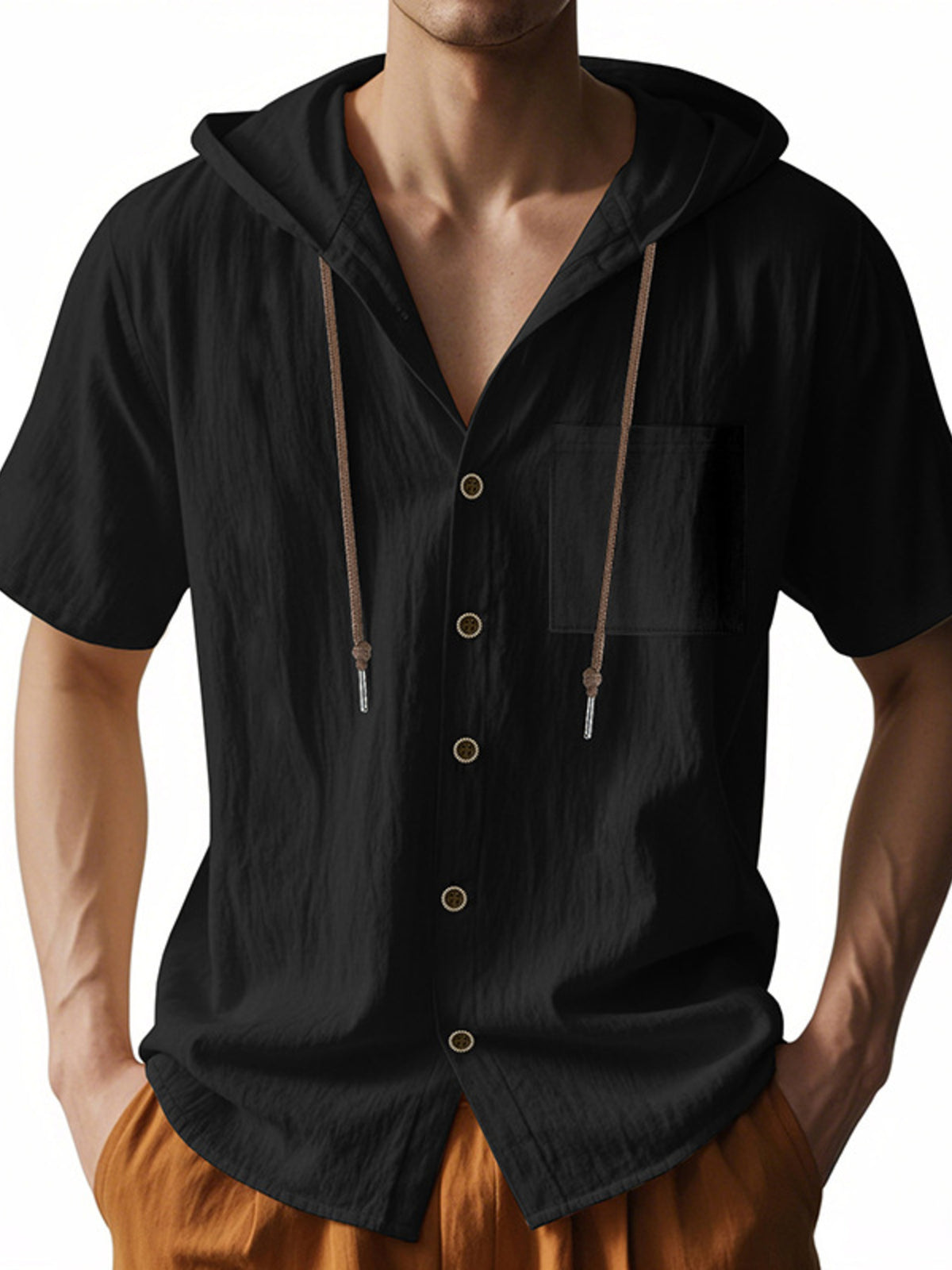 Black hooded short-sleeve button shirt with drawstring hood and front patch pockets