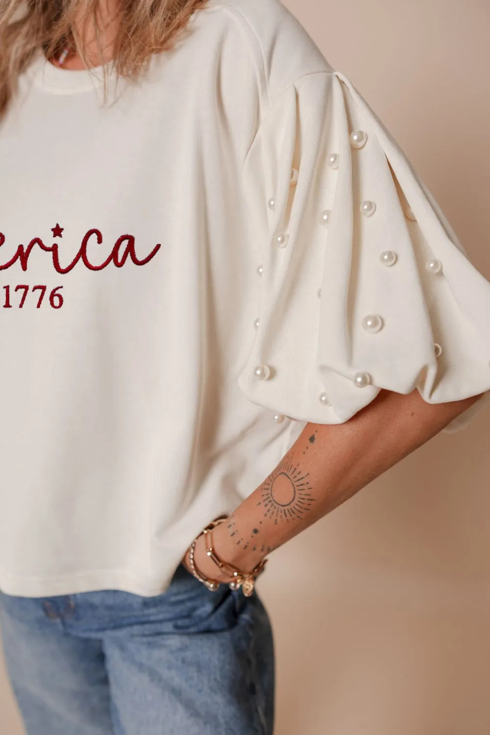 Cedar & Moore AMERICA EST 1776 Embroidered Pearl Beaded Sleeve T Shirt, white puff sleeve