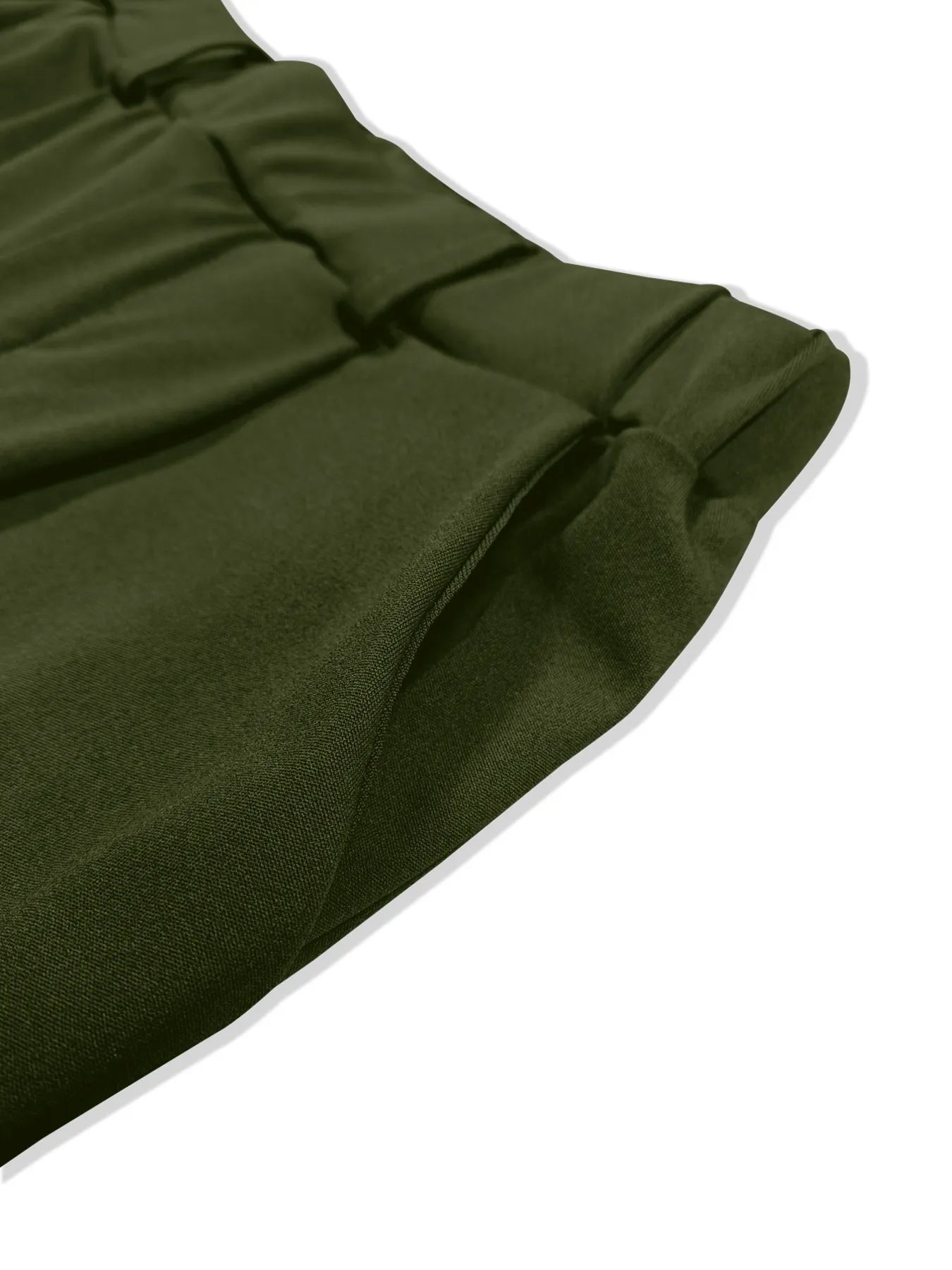 Olive green pleated detail pants close-up with gathered fold along the leg