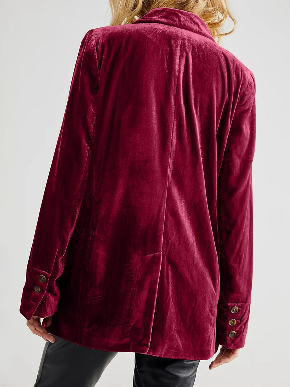 Burgundy corduroy blazer, back view with button cuffs and patch pocket seam
