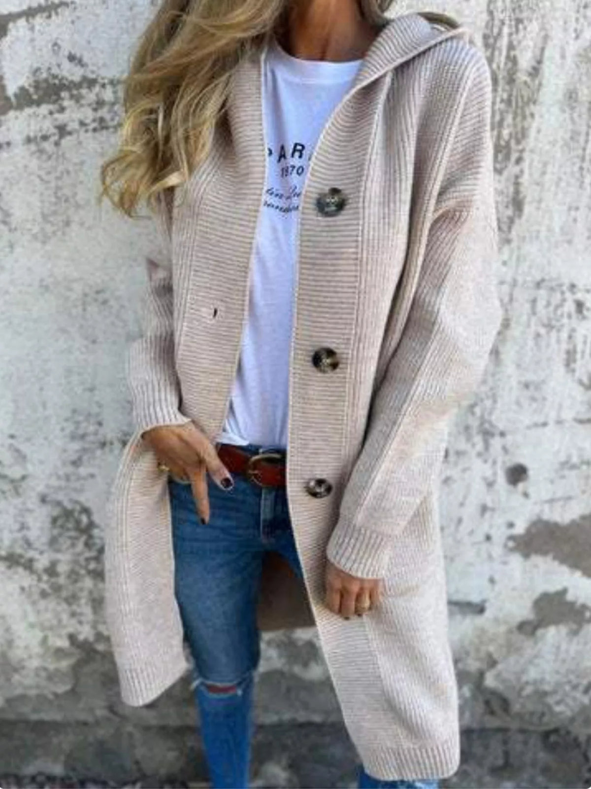 Light gray hooded ribbed cardigan sweater with button front and long sleeves