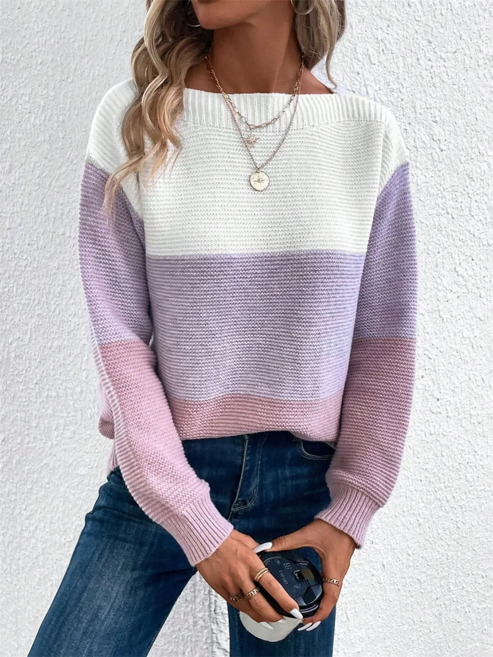 Color-block long sleeve sweater with white upper and lilac-purple horizontal band