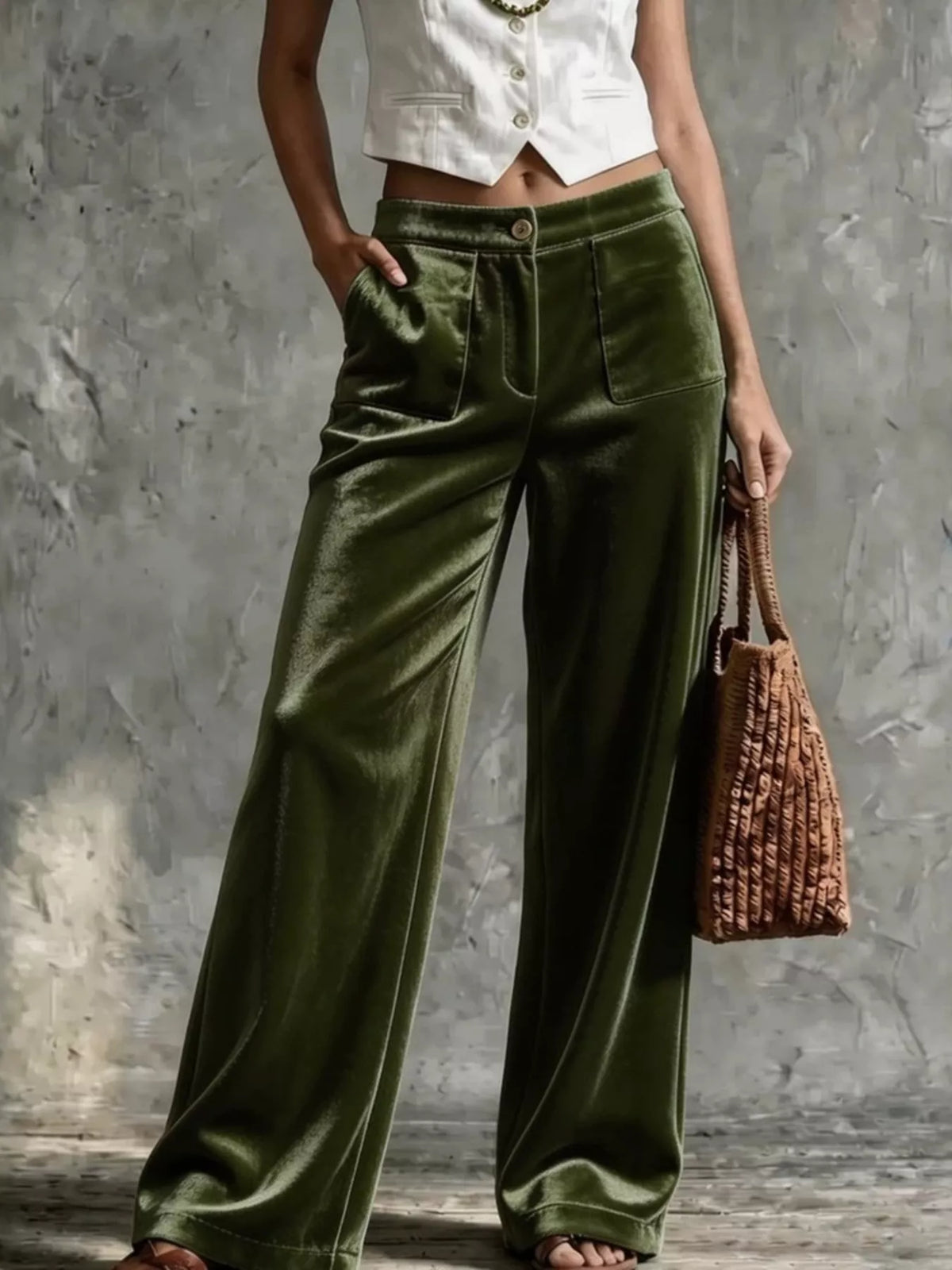 Army green velvet wide-leg pants with button front and side patch pockets