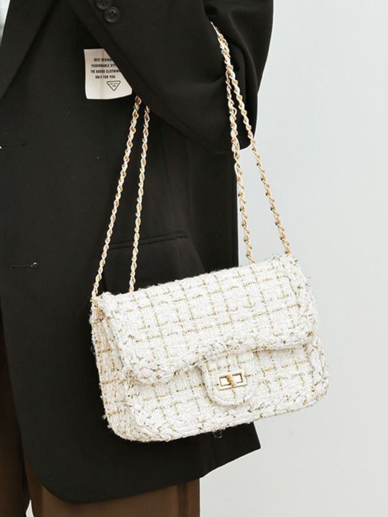 Trendsi Tweed Chain Shoulder Bag, cream textured tweed with gold-tone chain strap and front turn-lock, Medium