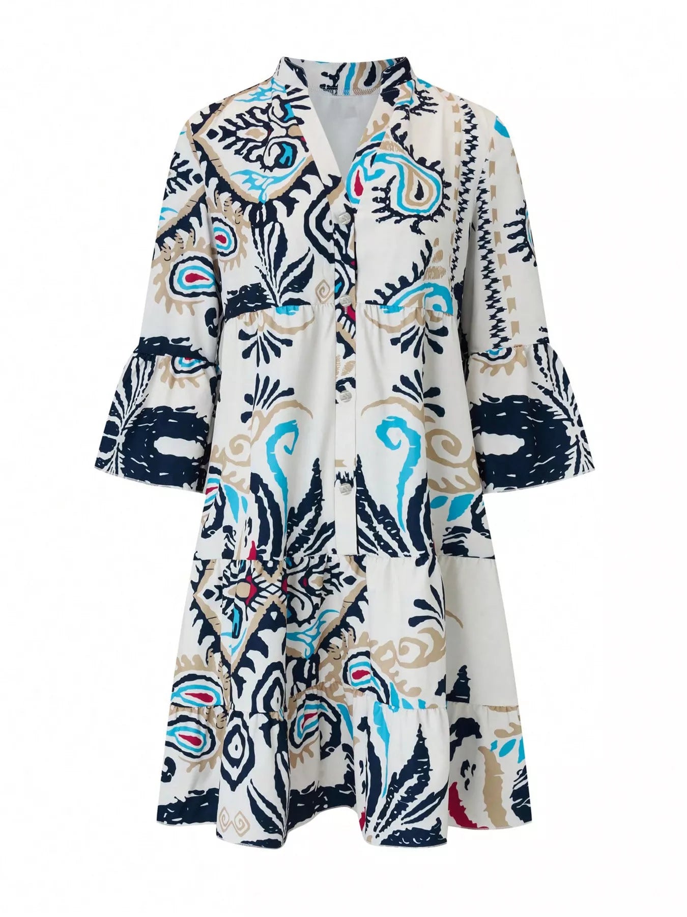Bohemian print tiered mini dress, V-neck with button front, white and navy blue motifs