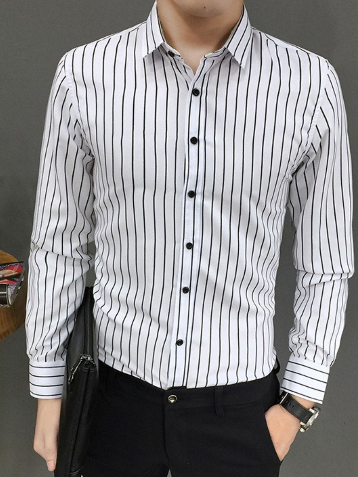 Men's white with black pinstripe button-up long-sleeve shirt, buttoned cuffs and placket.