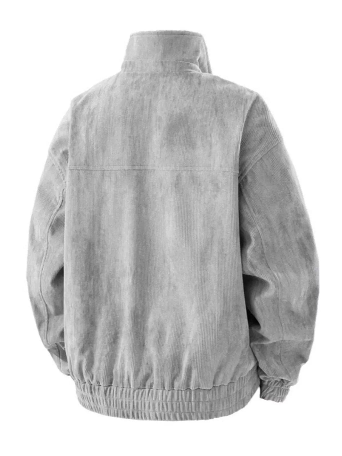Gray corduroy bomber-style jacket with ribbed hem and cuffs, back view