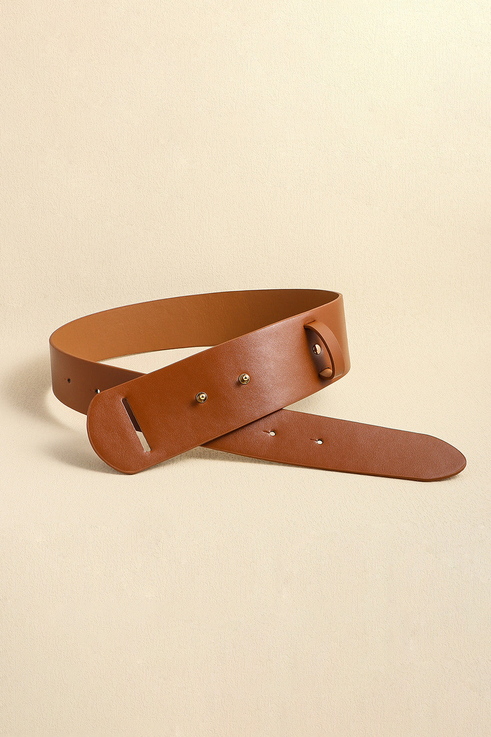 Caramel vegan leather belt with metal buckle and stitched holes